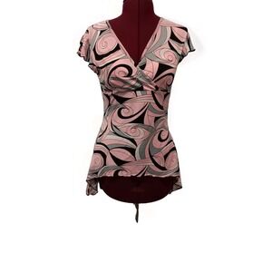 Y2K Micro Mesh Pink‎ And Black Flutter Sleeve Babydoll Top Asymmetrical Hem Sz S